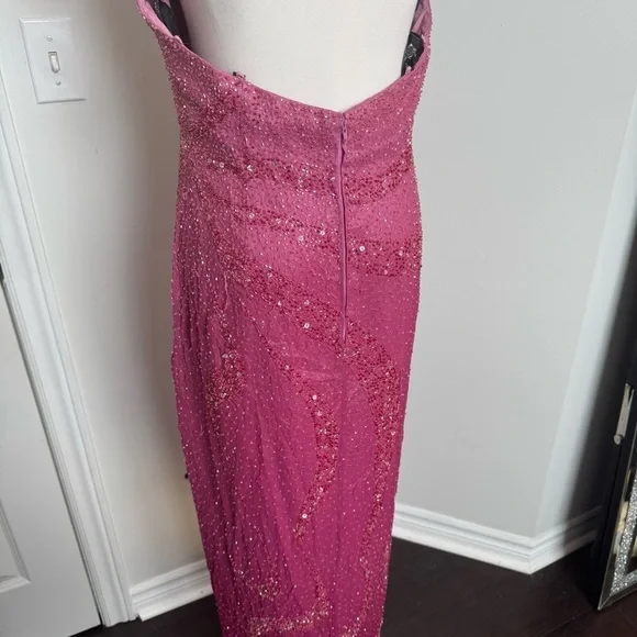 Vintage pink beaded Elegant Pink Strapless Dress Silk Gown Fairy Formal Glam XL - Picture 6 of 12